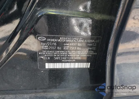 2016 Hyundai Sonata Se z USA, uszkodzony, nr VIN 5NPE24AF1GH434886